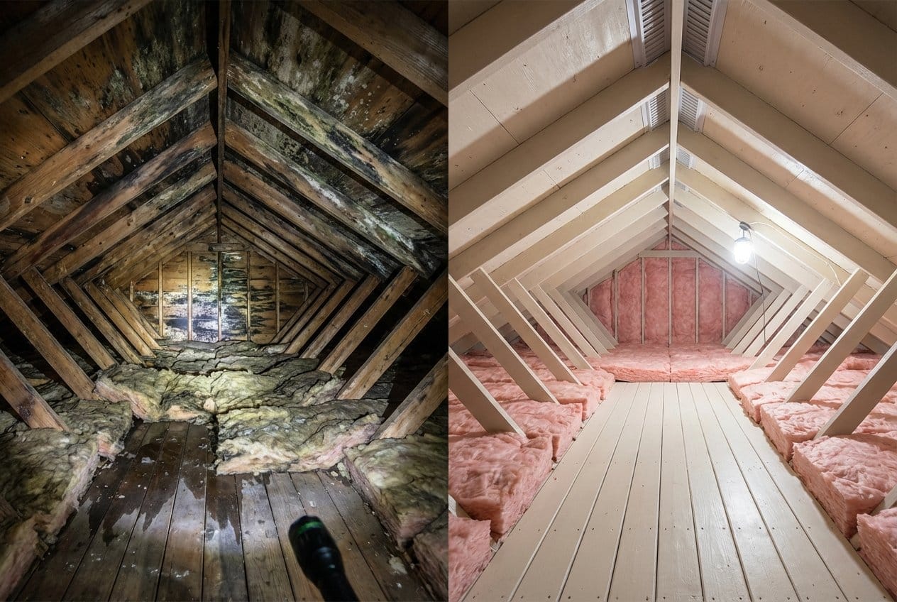 Before and after mold removal & remediation in Franklin Lakes commercial property attic space