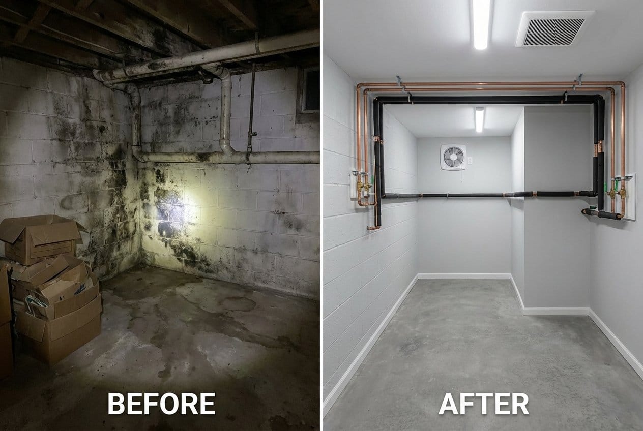 Attic & Crawl Space Mold Removal restoration — utility room of split-level home in Franklin Lakes, NJ