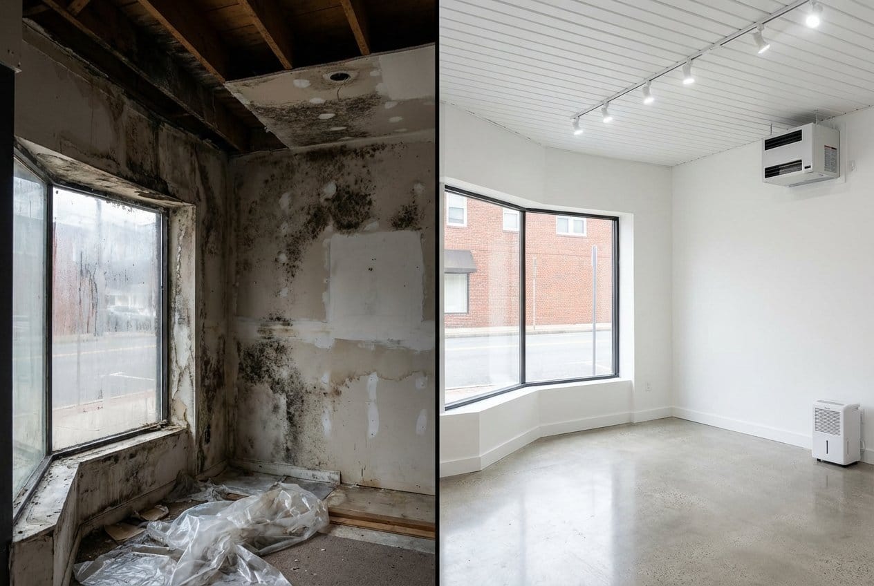 Before and after attic & crawl space mold removal in Franklin Lakes Cape Cod house storefront interior