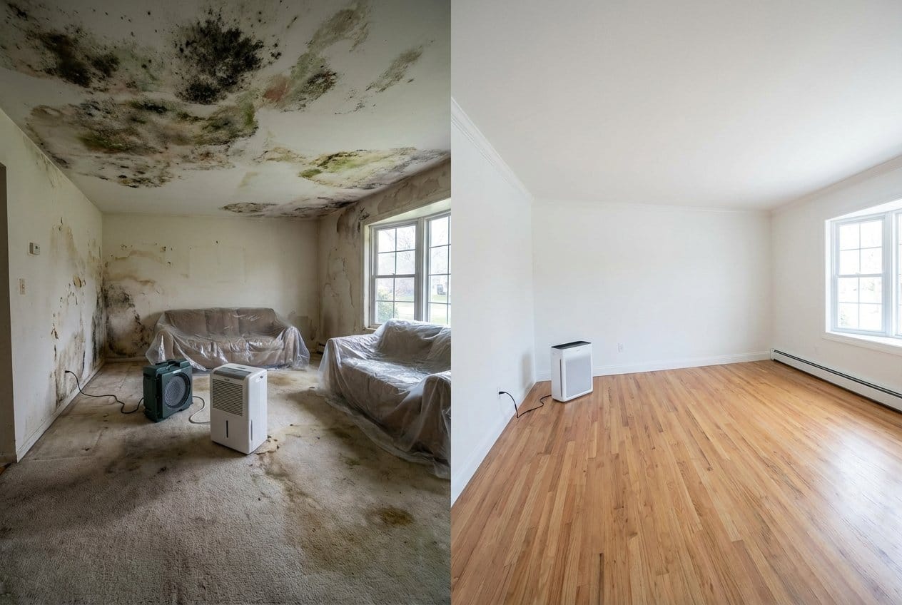 Bathroom & Kitchen Mold Removal before and after in living room, Franklin Lakes NJ