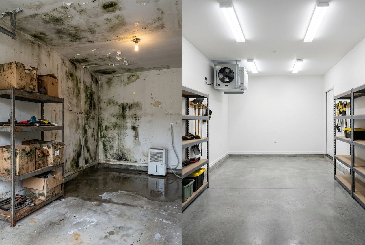 Post-Remediation Cleaning & Clearance before and after in garage, Franklin Lakes NJ