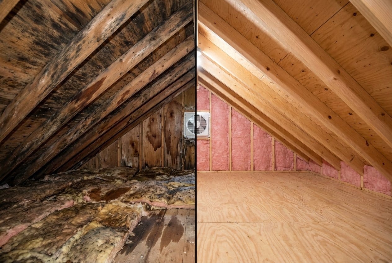 Before and after post-remediation cleaning & clearance in Franklin Lakes single-family home attic space