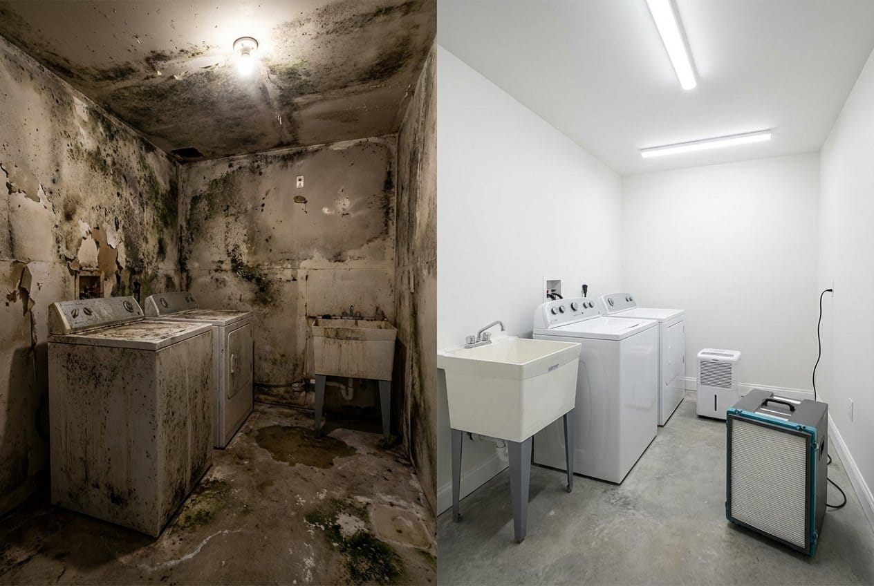 Odor Removal & Disinfection restoration — laundry room of Cape Cod house in Franklin Lakes, NJ