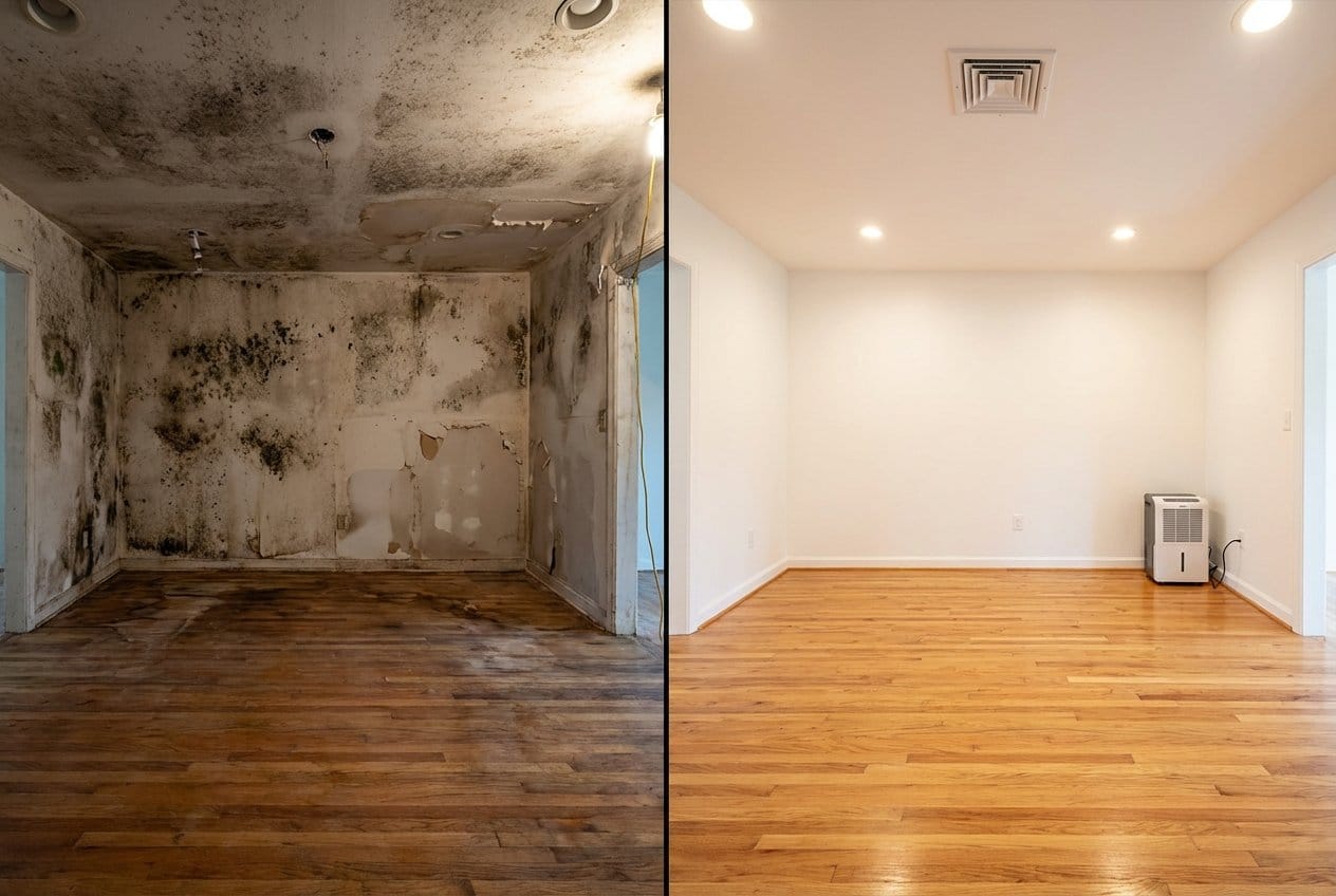 Before and after odor removal & disinfection in Franklin Lakes ranch-style home dining room