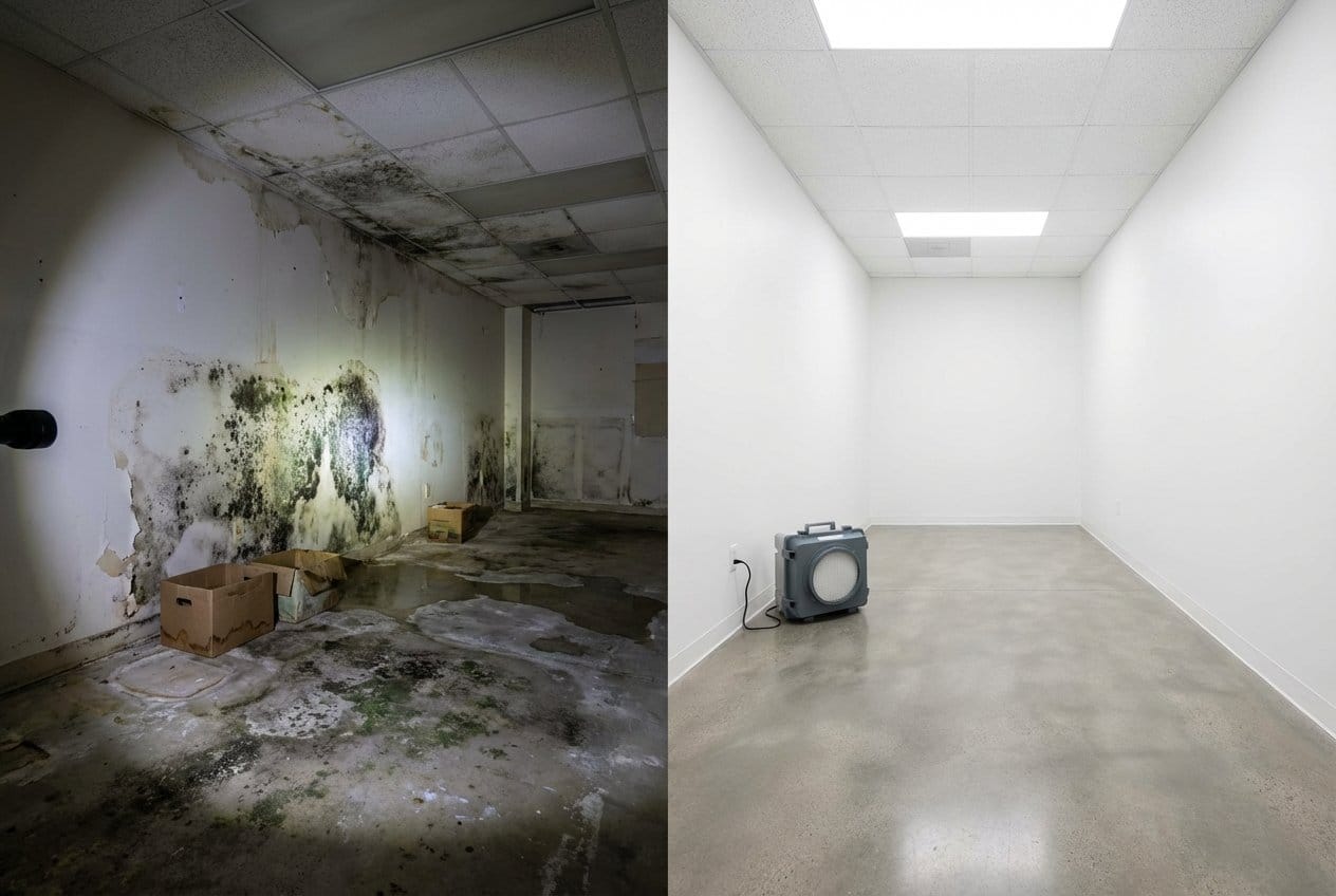 Before and after humidity & moisture control solution in Franklin Lakes townhouse storefront interior