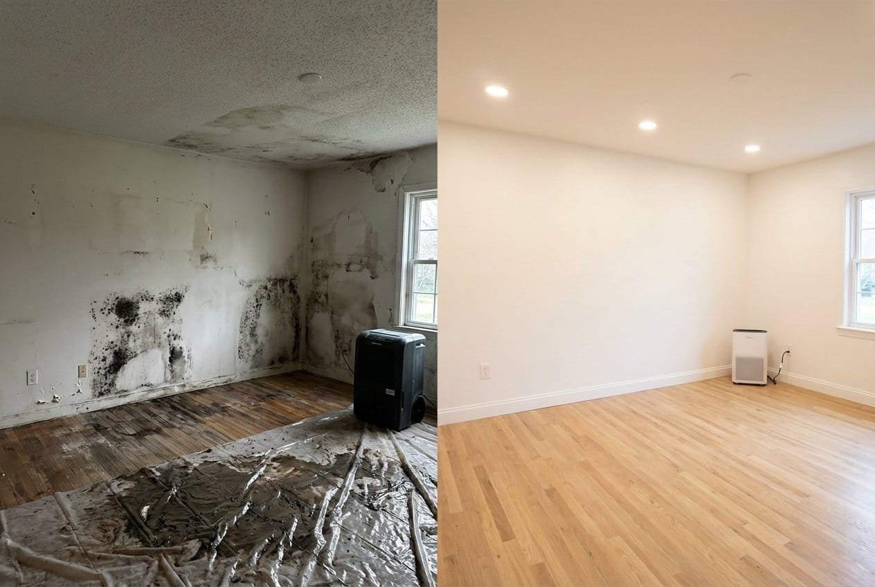 Franklin Lakes Mold Removal living room restoration before and after in Franklin Lakes